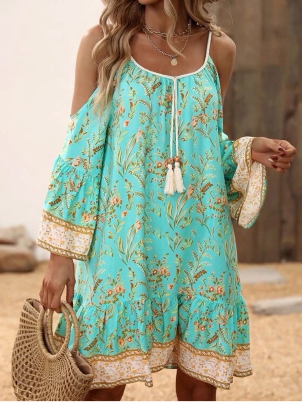 🌺 Cleo Petites Boho Floral Cold-Shoulder Dress — Size M